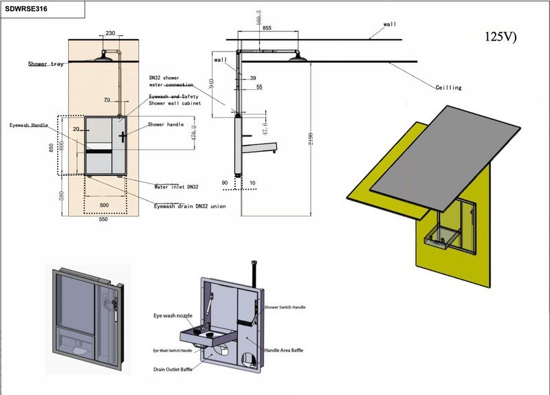 Spilldoc Wall Recessed Eyewash and Shower Station SS304